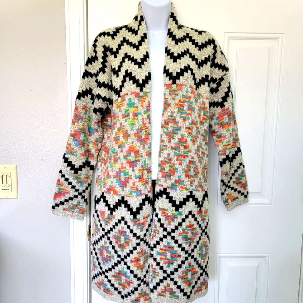 Debut Women's Cardigan Duster Sweater Open Front Gray Colorful Aztec Size Small